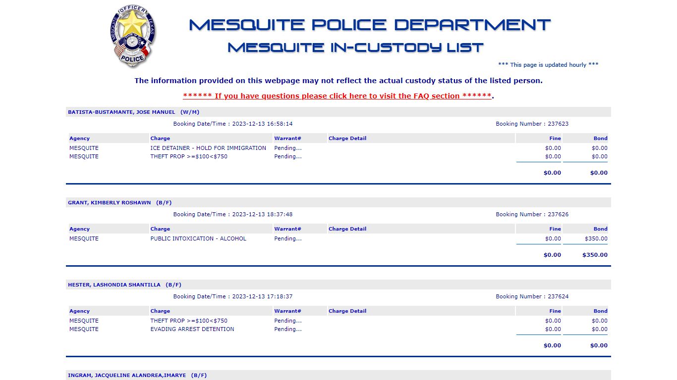 Jail List - Mesquite Police Department